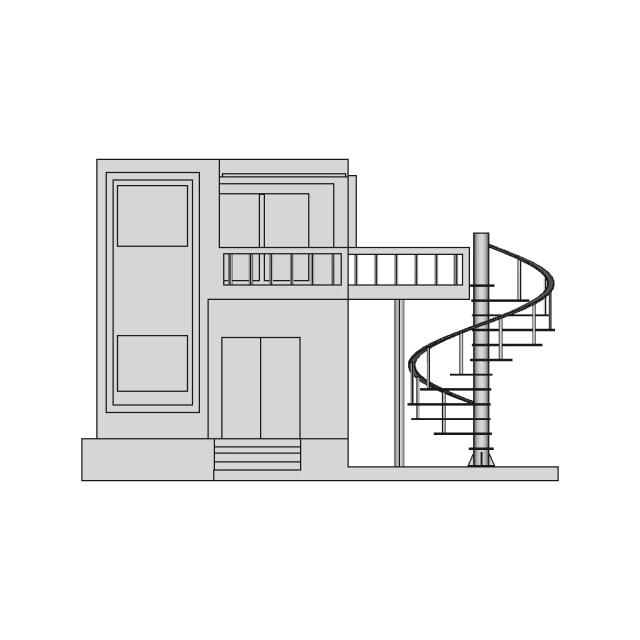 Detailed 3D CAD Model of Residential Spiral Staircase with Balcony and Roofing